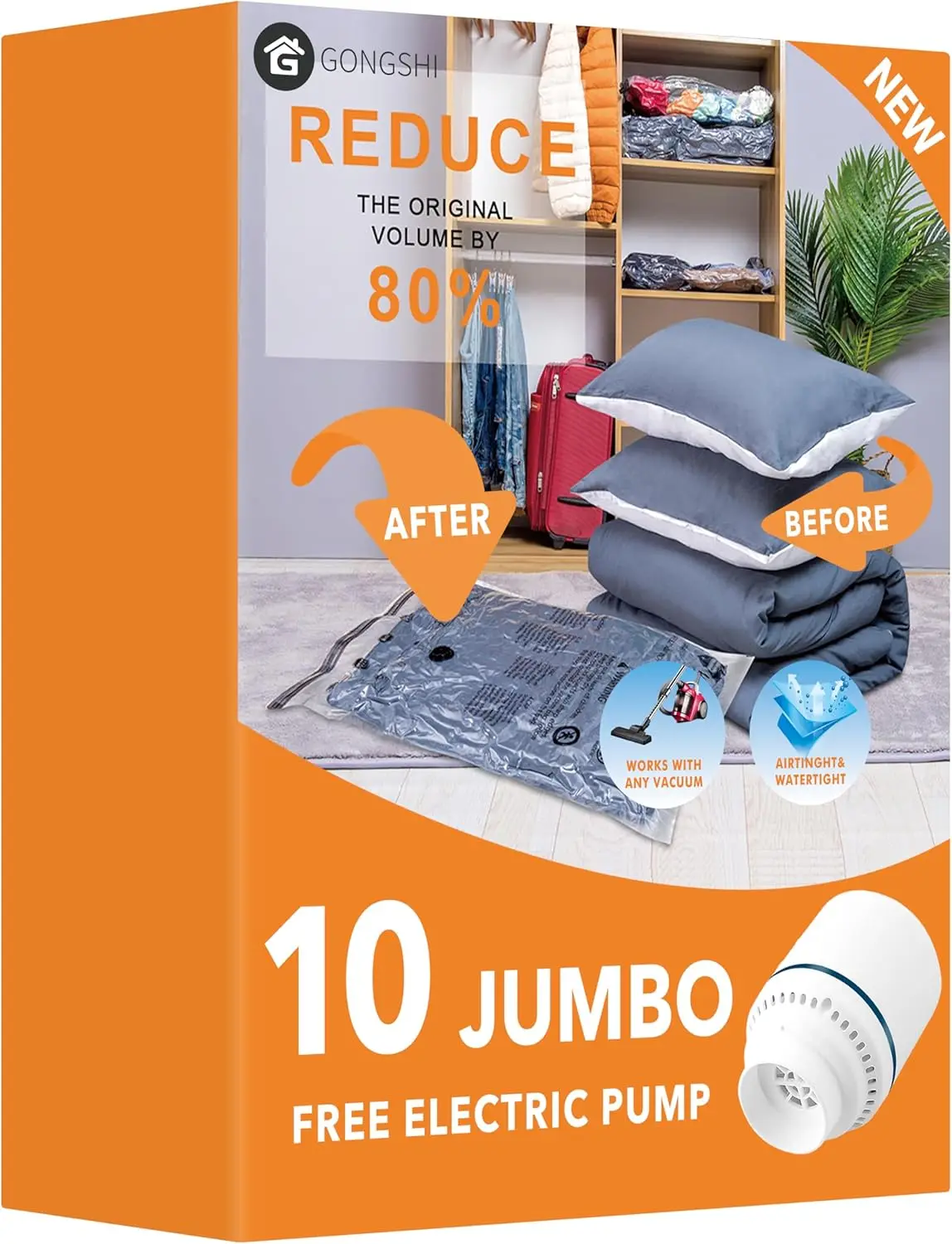 

10 больших вакуумных пакетов для хранения с электрическим насосом для одежды, матрасов, одеял и путешествий