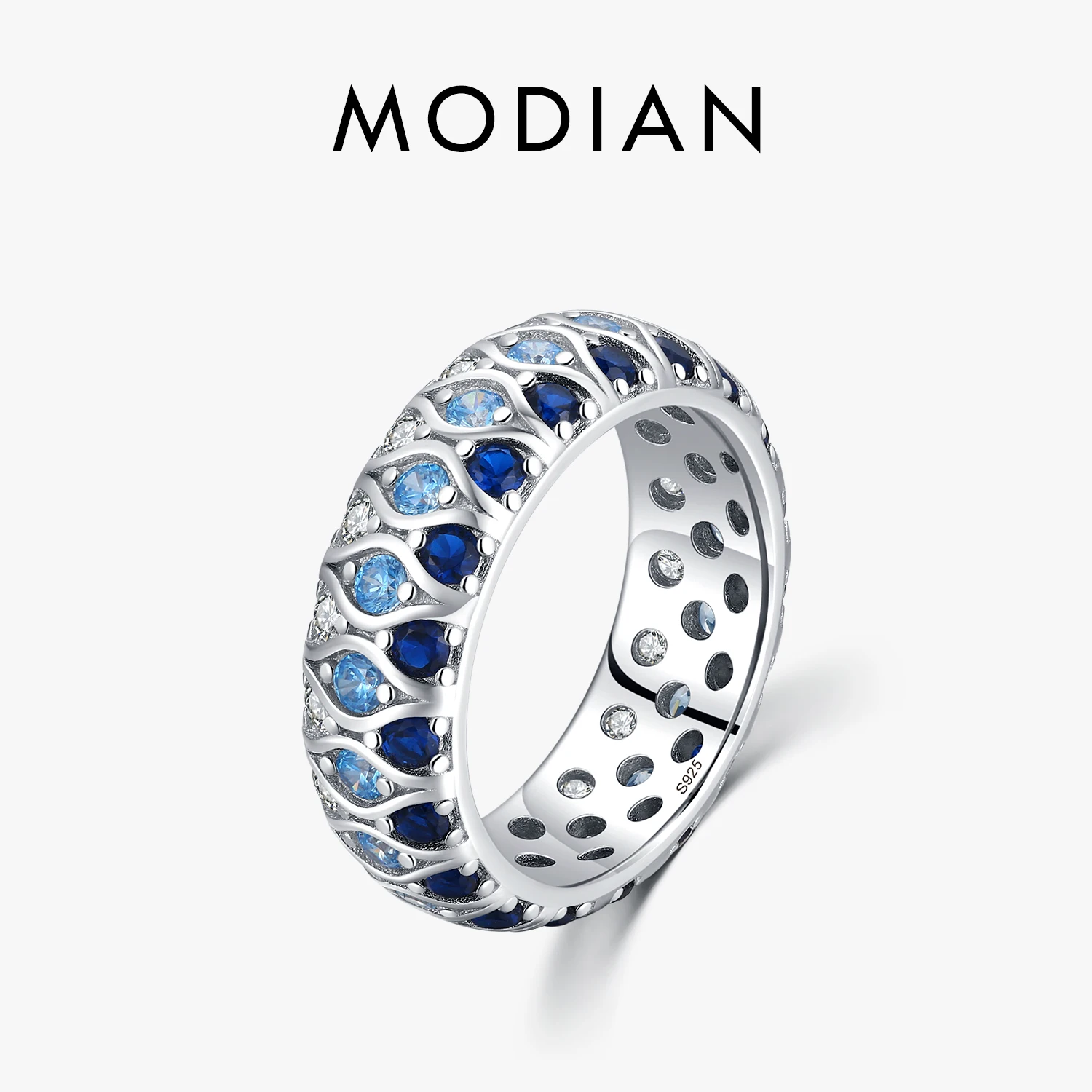 MODIAN 925 Sterling Silver Exquisite Luxury Gradient Blue & Transparent Cubic Zirconia Eternity Rings For Women Fine Jewelry