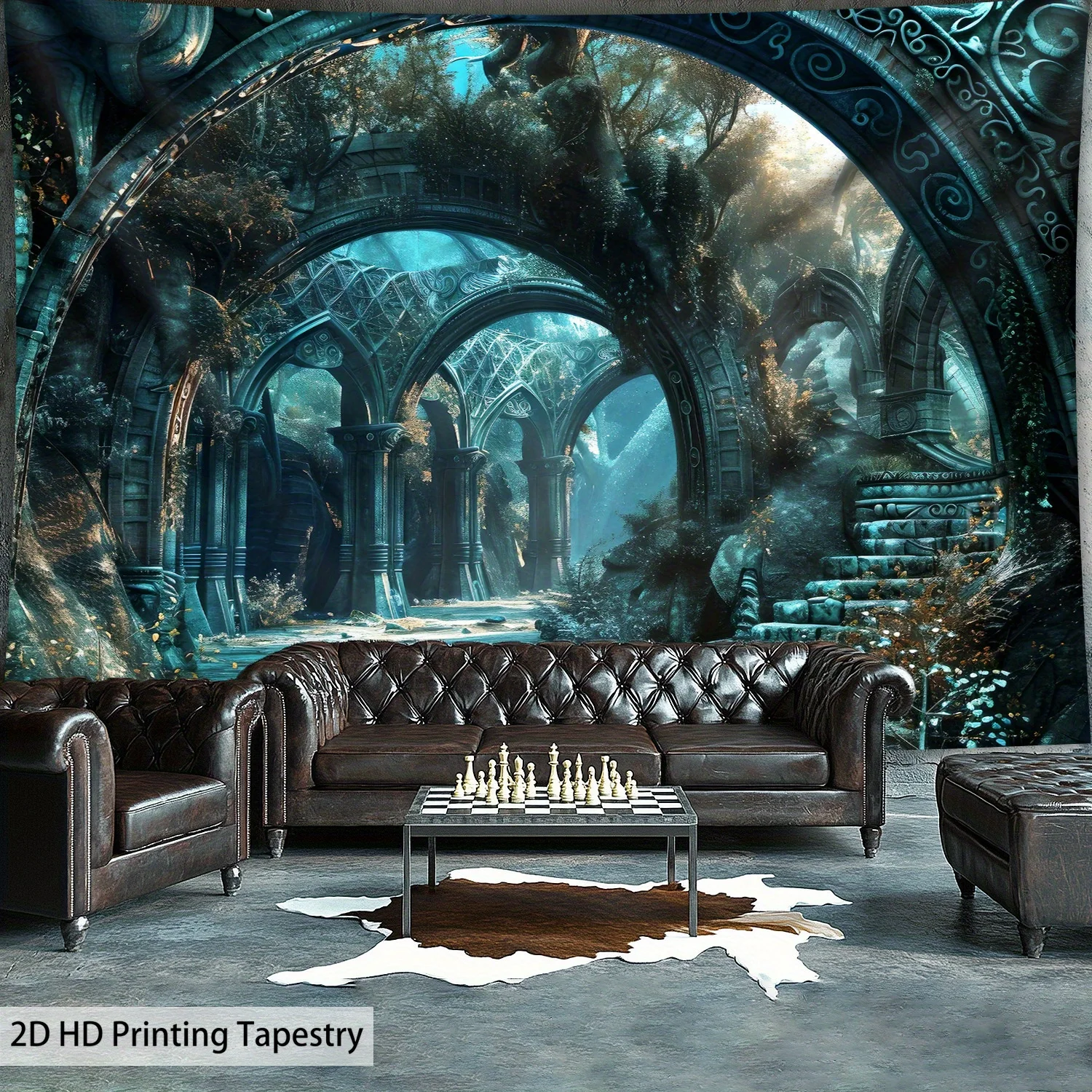 Gothic Castle Arch Tapestry, Dark Fantasy Underwater Ruins HD Print, Mystical Wall Art for Living Room and Gothic Bedroom Decor