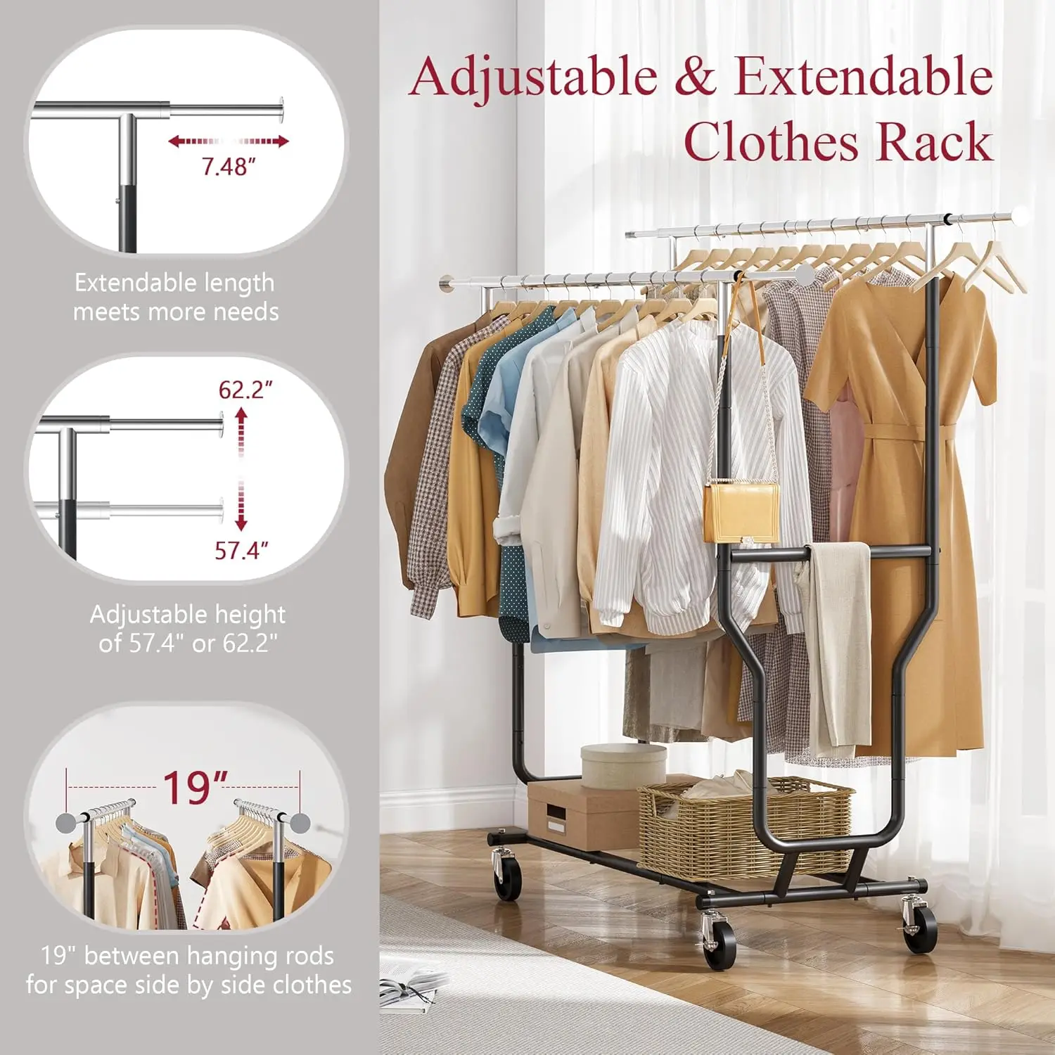 Tajsoon Clothes Rack Heavy Duty Rolling Garment Rack With Wheels And Extendable Double Rods, Collapsible Clothing Racks For