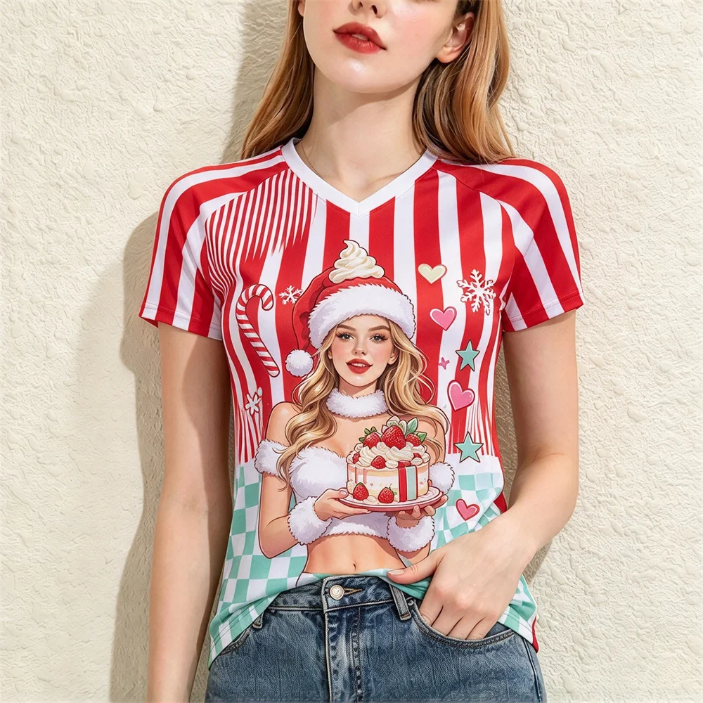 Ladies Xmas Short Sleeve T Shirt Fashion Graphic Women's T-shirts V-neck Raglan Tee Color Block Splicing Holiday Daily Wear Tops