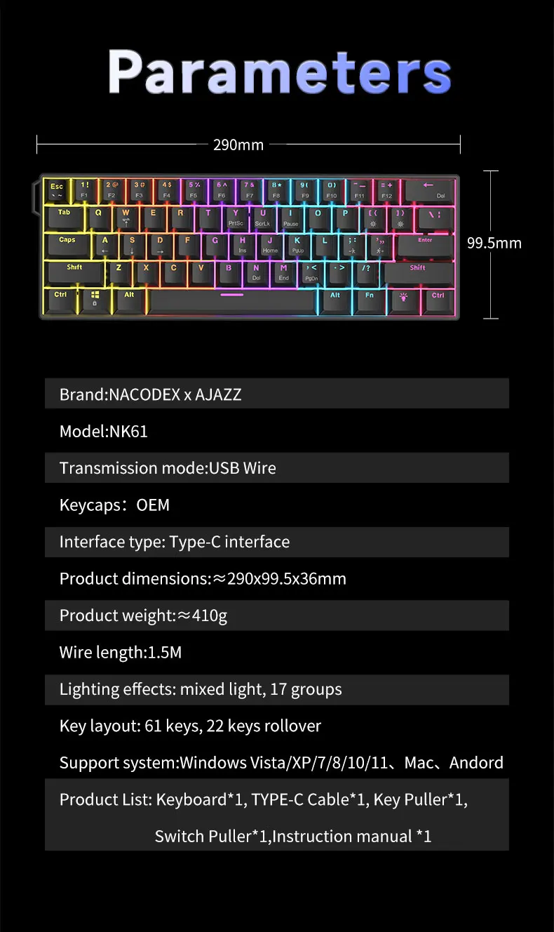 AJAZZ NK61 Kabelgebundene Mechanische Gaming-Tastatur, Unterstützt Vollständigen Hot-Swap, Geeignet für Büroarbeit und Gaming – Detail 11
