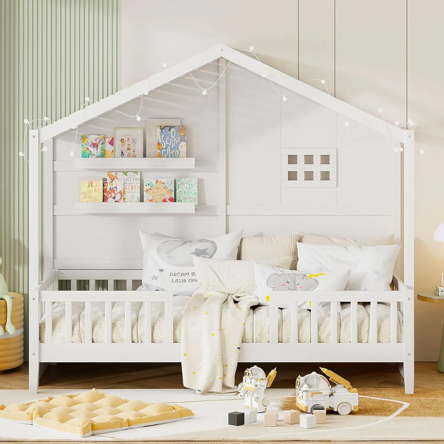 Cama de Casa de tamaño doble con valla semicerrada y estantes, marco de cama de casa de madera con ventana y tira de luz brillante en el techo