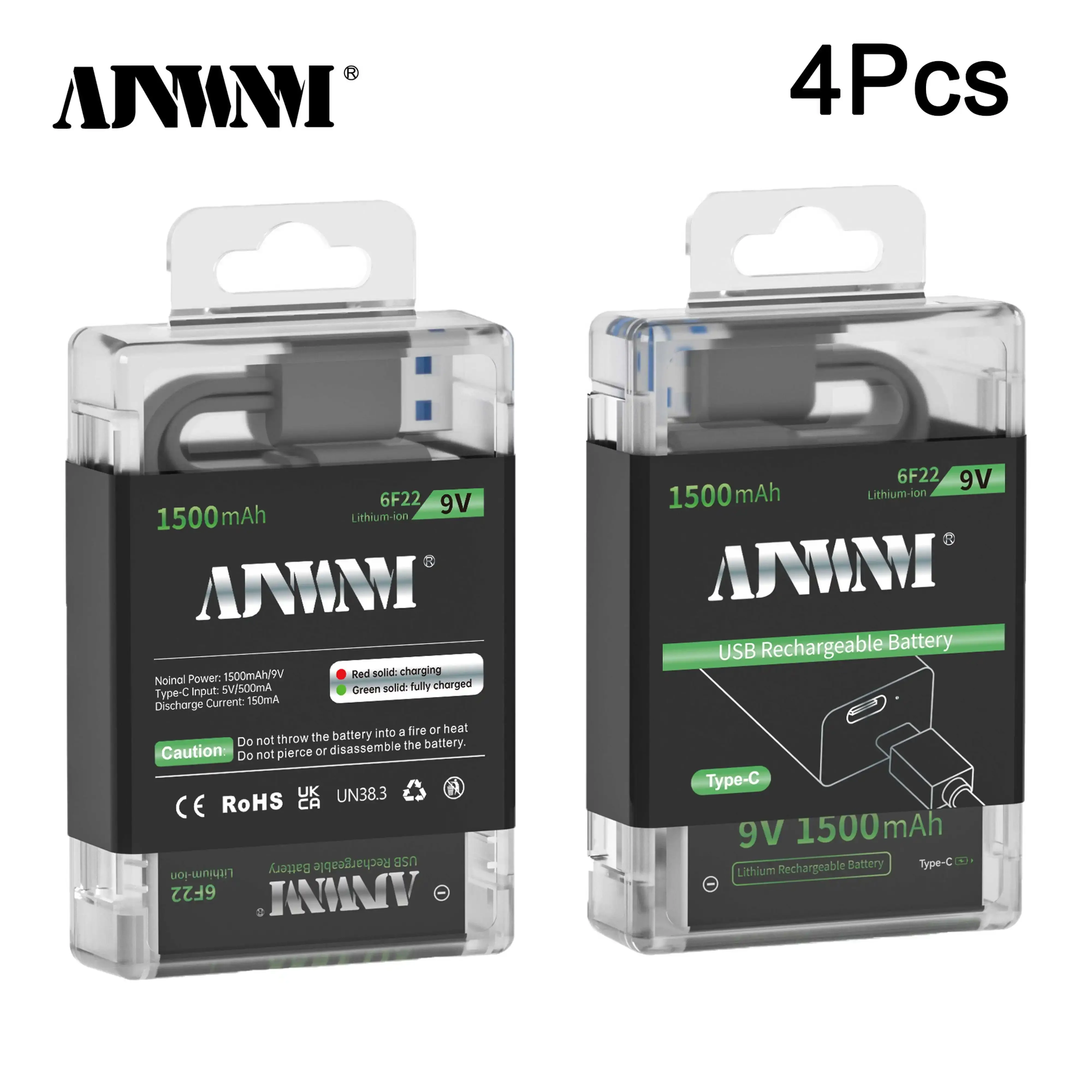 9V 1500mAh Rechargeable Lithium Battery 6F22 USB Type-C for Multimeter Microphone Toy Guitar KTV Remote Control