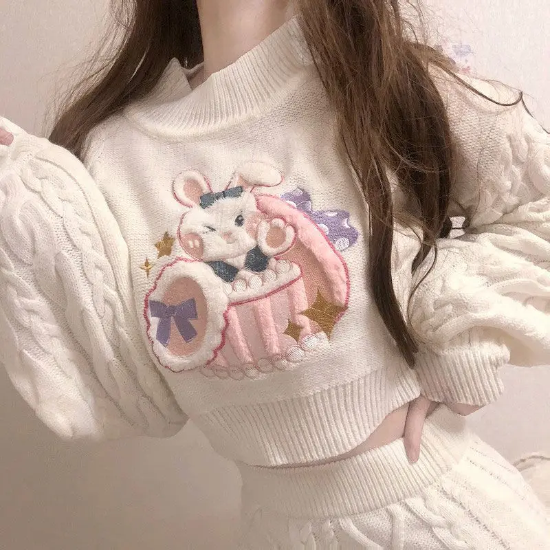 Y2K O-Neck Short Sweater Cartoon Embroidery Japan Style Kawaii Women Long Sleeve Pullovers White Knitted Skirts High Waist Sets