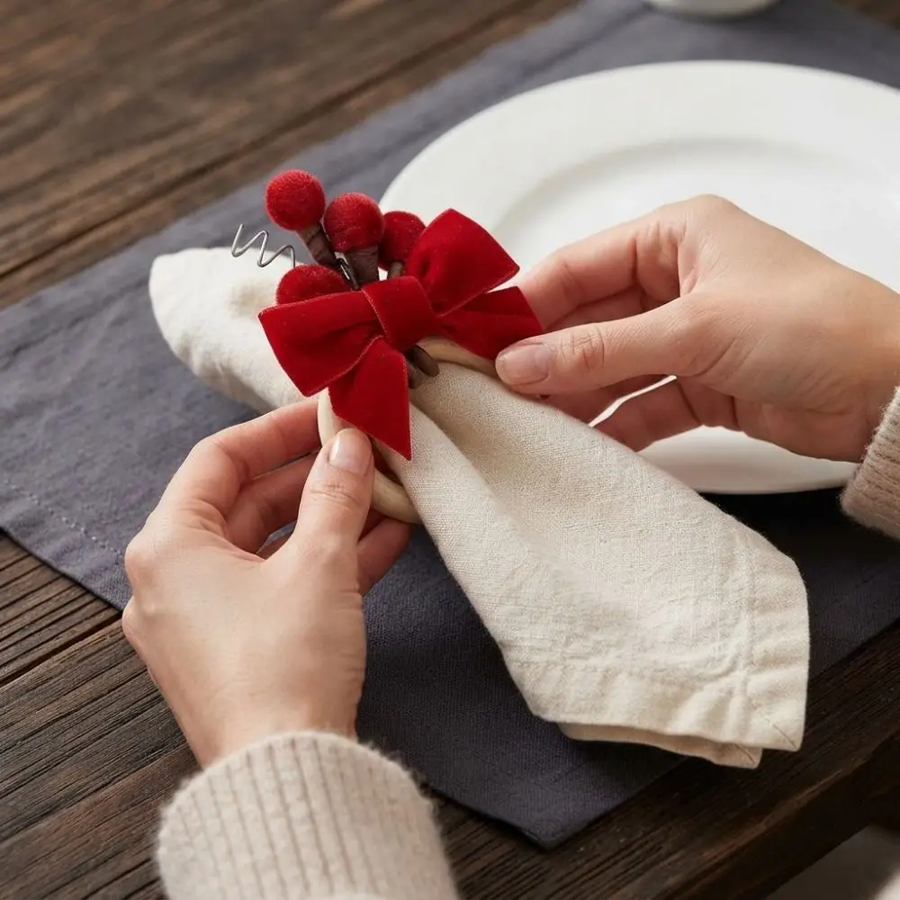 6PCS Fabric Craft Christmas Napkin Rings Realistic Pine Needle Artificial Berry Napkin Holders Delicate Pinecone