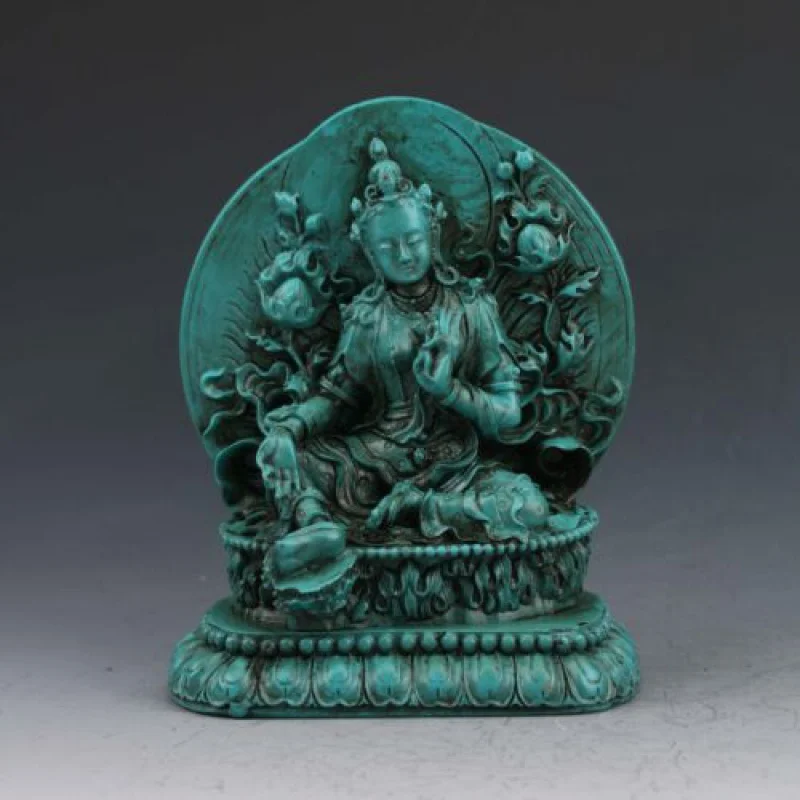 Chinese Antiques Turquoise Hand-carved Green Tara Buddha Statue