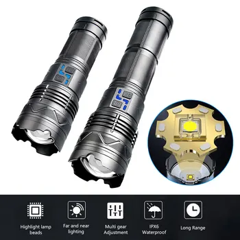 Powerful Flashlight Super Bright Spotlight Power Display Long Range Zoomable Torch LED Outdoor Emergency Tactical Search Lantern