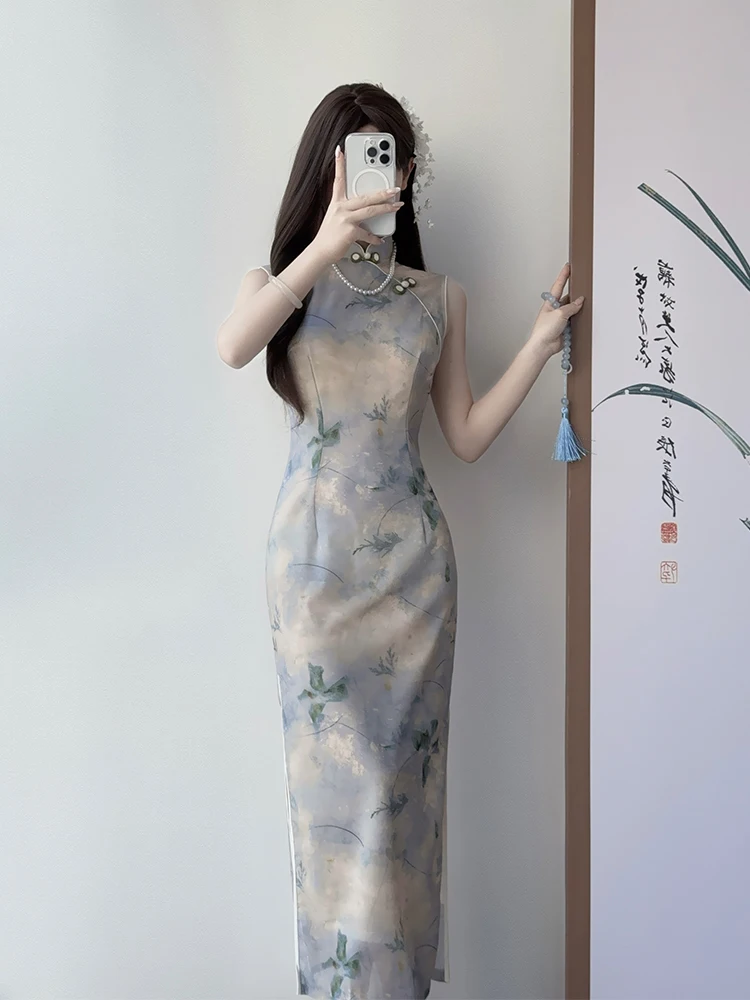 

Новое китайское платье Sle Svel Young Version, красивое, для повседневной носки, больших размеров, с низким разрезом, с цветочным принтом, длинное.