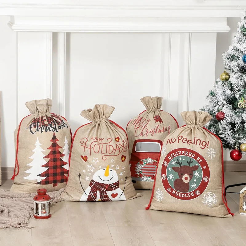 

Christmas Gift Bag Large Christmas Tree Burlap Drawstring Pocket Gift Backpack Elk Snowman Santa Claus New Year Gift Storage Bag