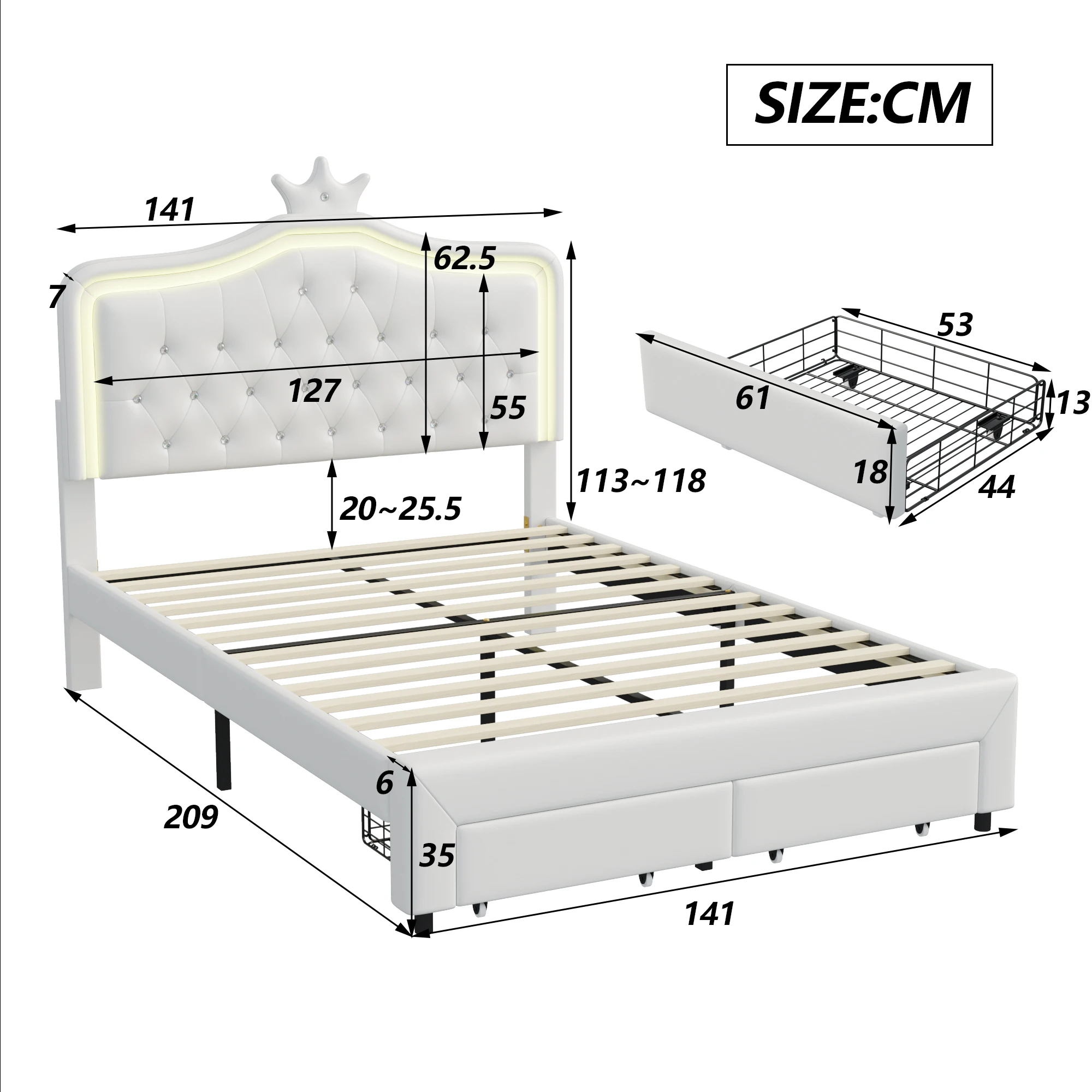 Kinderbed 90x200/140x200cm met LED-verlichting, gestoffeerd bed voor meisjes, hoofdeinde met kroon en lade-opbergruimte, verstelbaar hoofdeinde