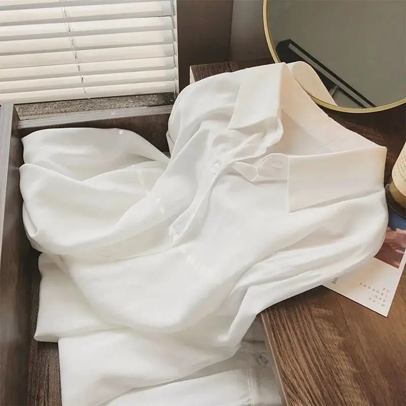 

Long Sleeve Shirts Womens Satin Button Down Slim Fit Turn Down Collar Korean Feminine Minimalist Romantic Preppy Youthful Office