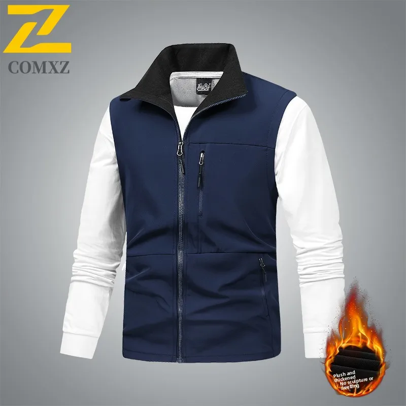 COMXZ New Softshell Vest  Autumn Winter Fleece Snow Skiing Jacket Men Plus Size Thermal Workwear Techwear Windproof Vests
