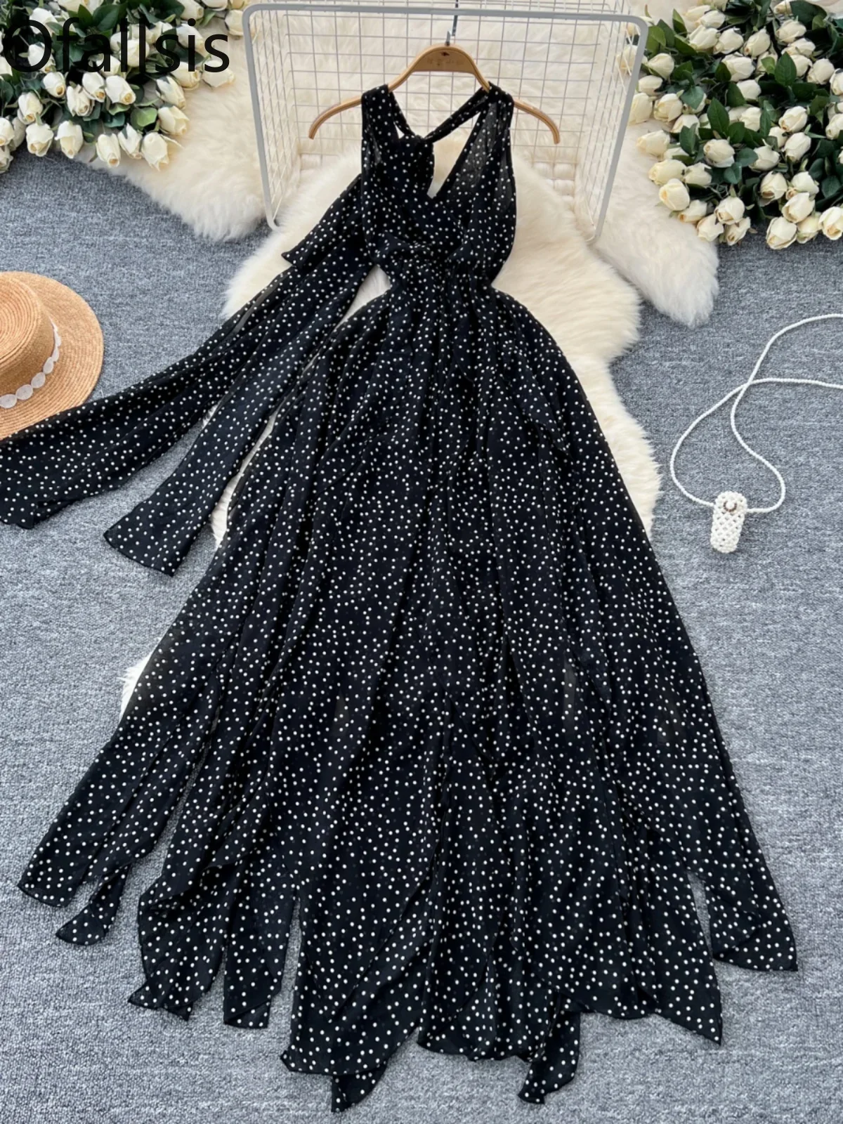 Ofallsis Black V neck Sleeveless Temperament Dress 2024 Summer New Strap Waist Slimming Irregular Polka Dot Chiffon Long Dresses