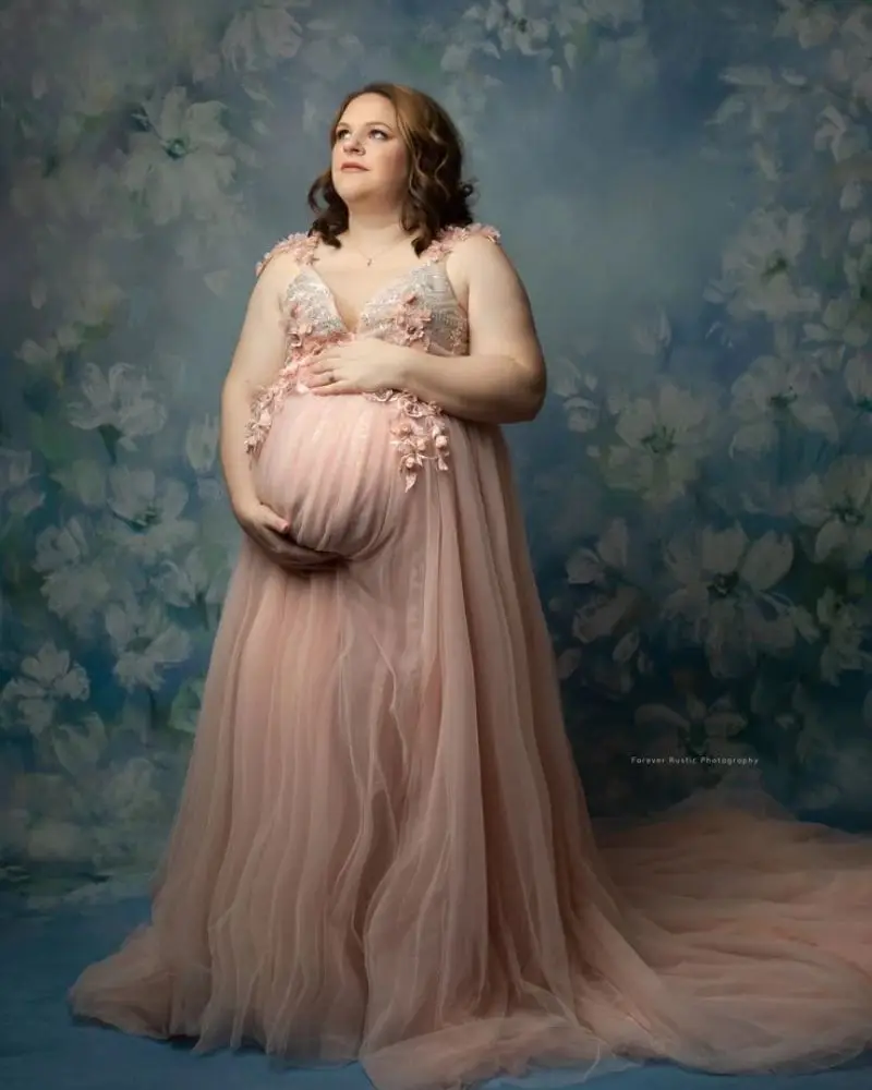 

Romantic Pink Maternity Robes Lace Floral Appliques Sleeveless Pregnancy Photography Dresses Sexy Customized Baby Shower Gowns