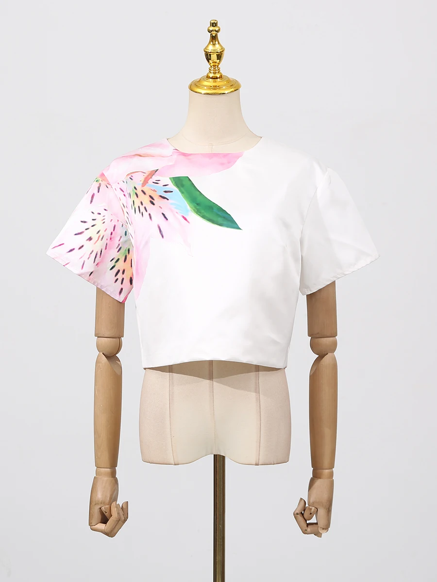 VGH 아메리칸 캐주얼 투피스 세트 여성용 O넥 반팔 탑 하이웨이스트 와이드 레그 팬츠 스윗 프린트 슈트 여성 패션