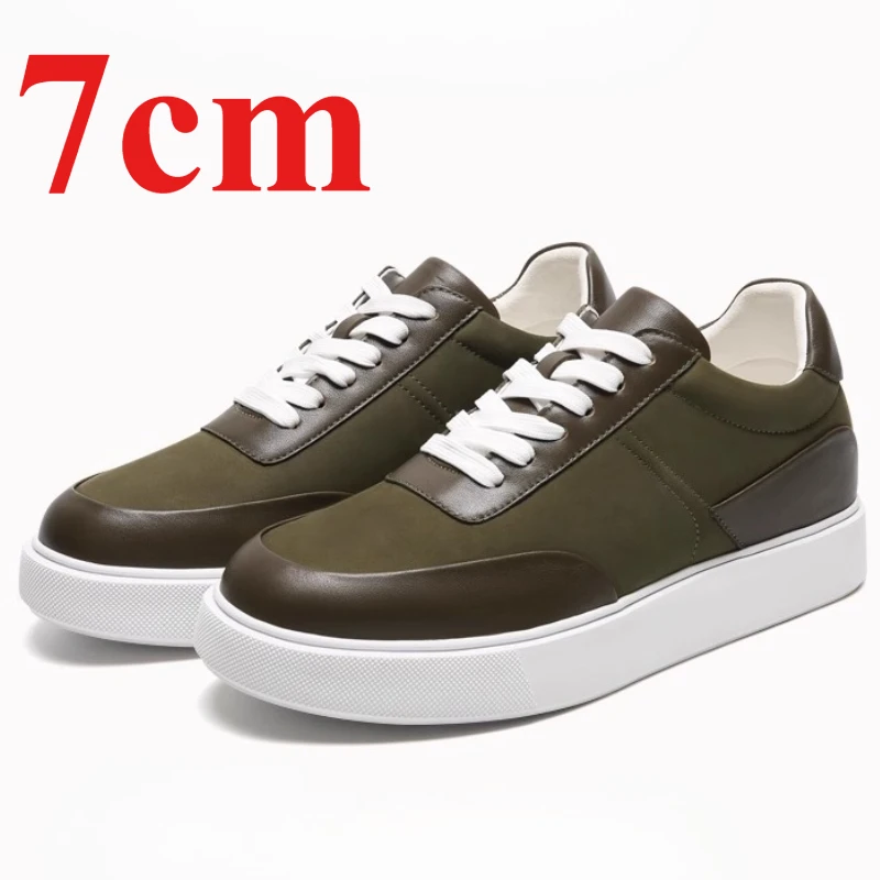

Invisible Height Increasing 7cm Shoes for Men's Dark Khaki Genuine Leather Breathable Lightweight Board Shoe Casual Sports Shoes
