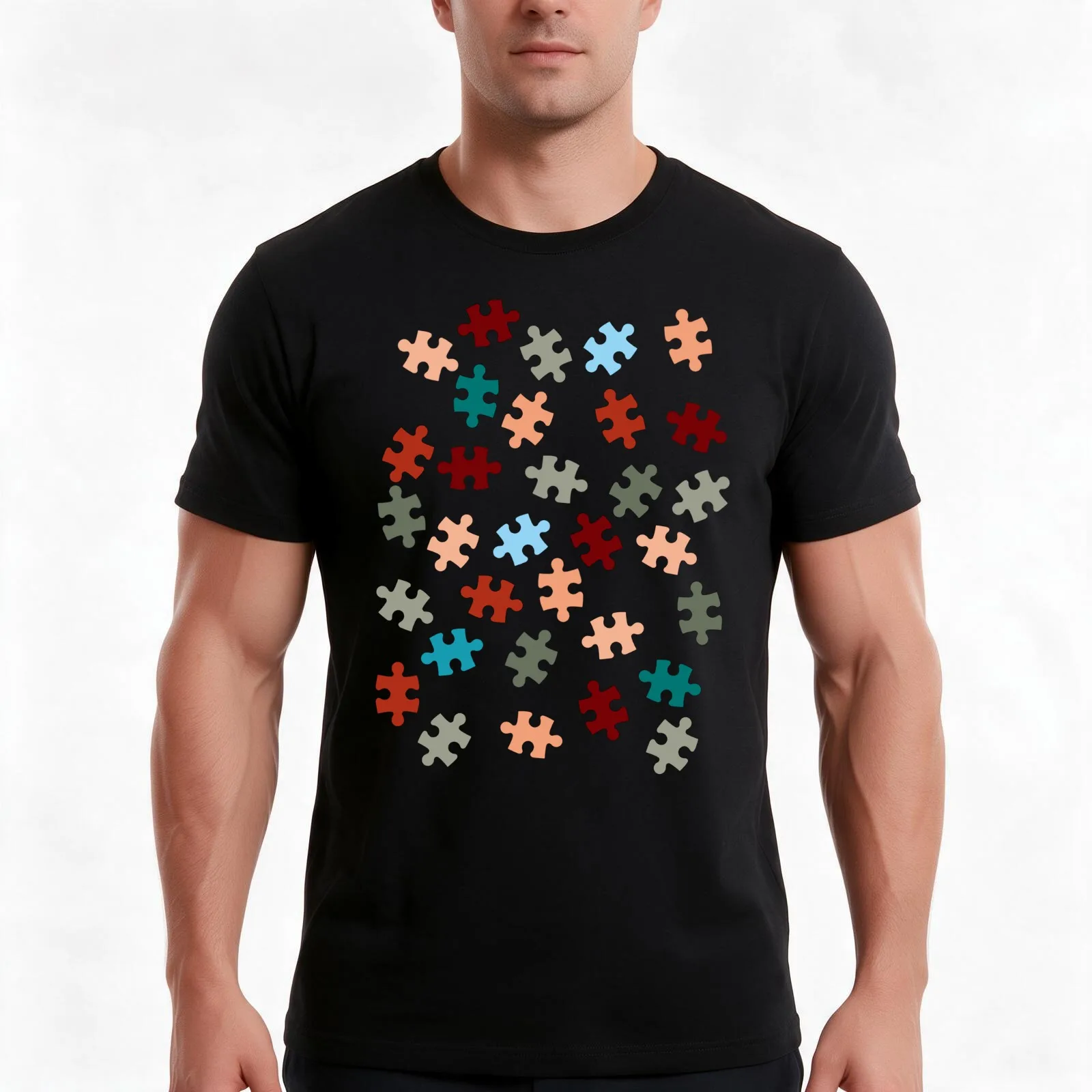 Puzzle T-Shirt, Summer Casual Cotton Tee, Oversized Streetwear Tops, Vintage Graphic Print, Loose Fit Short Sleeve, 100% Cotton