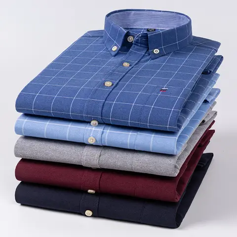Camisas informales para hombre, camisa de vestir de negocios de corte Regular con botones de manga larga de Color sólido con tiras a cuadros Oxford de algodón, ropa para hombre