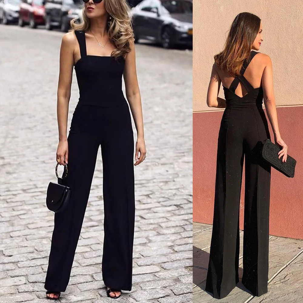 2024 neue Damen elegante Overall Spaghetti ärmellose rücken freie Hose mit weitem Bein Mode solide Abend party formale Stram pler