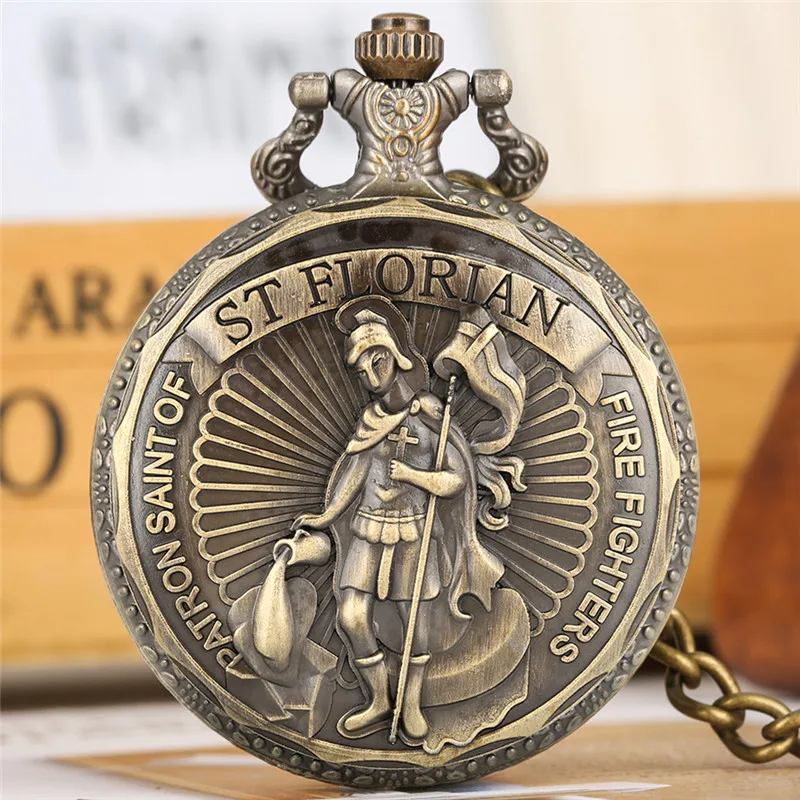 Steampunk Saint Florian Patron Saint of Fire Fighters Design Antique Quartz Analog Pocket Watch Full Hunter Necklace Fob Chain