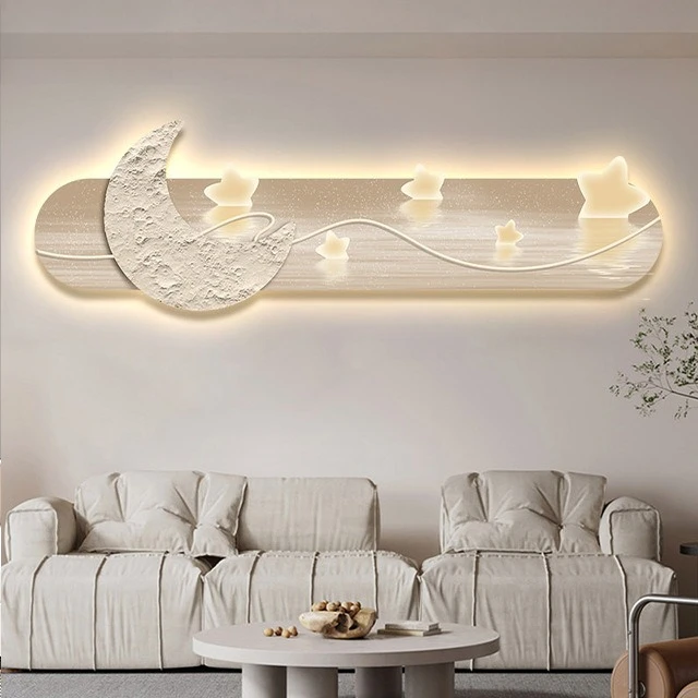 

Moon and stars decorative painting modern simple mural bedroom bedside crystal porcelain painting laser engraving background