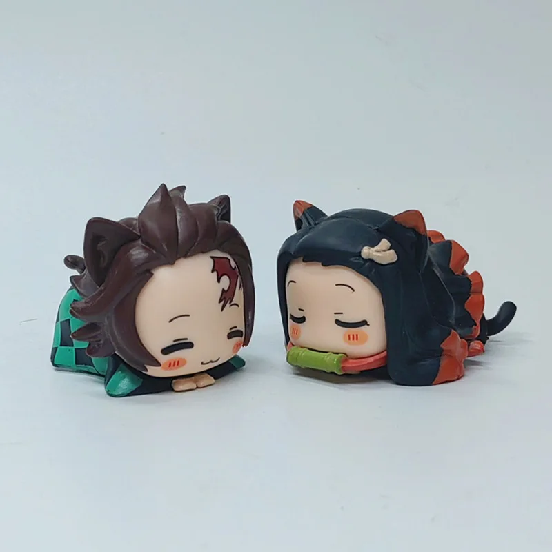 Demônio Slayer Figura Anime, Nezuko, Tanjirou, Zenitsu, Inosuke, orelha de gato, Estátua do sono, Modelo PVC Boneca, Collectible Charme Brinquedos, 6Pcs por Conjunto