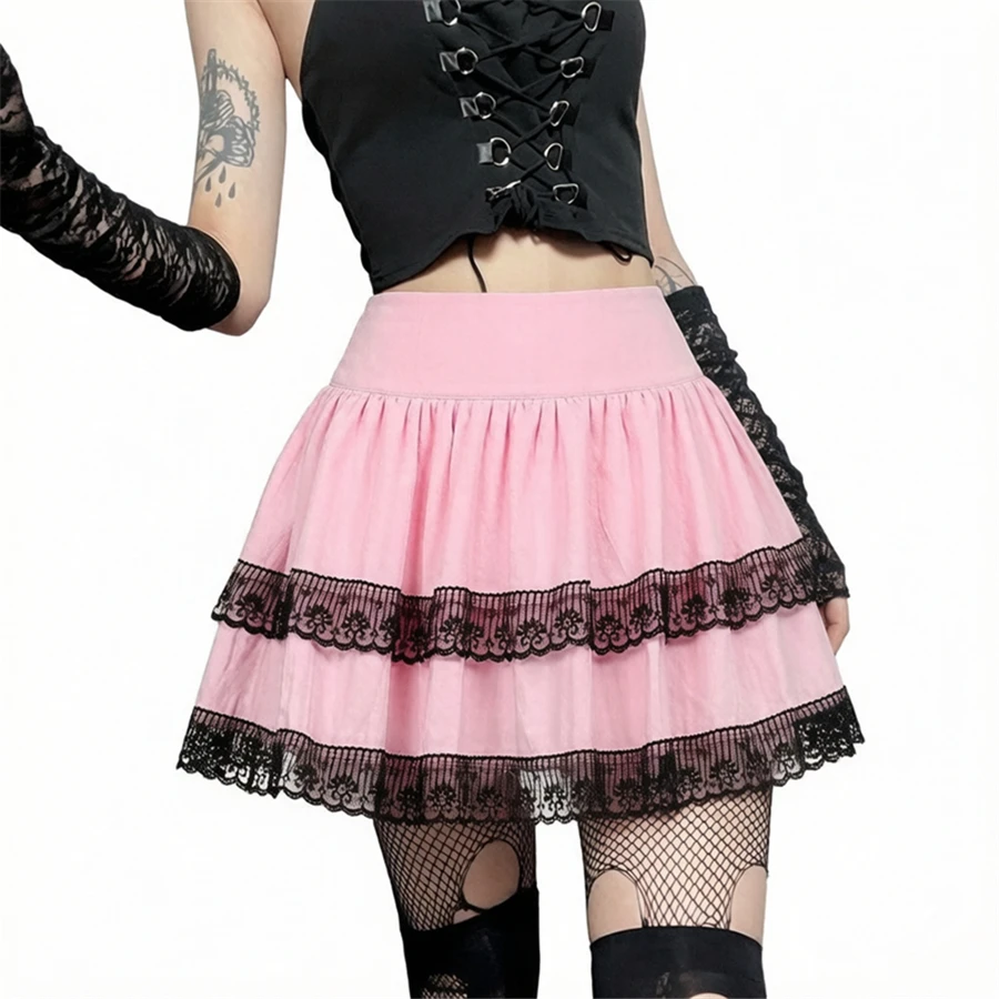 Vintage Gothic Cosplay Skirt Pink Double Lace Stitched Harajuku A Line Skirt Women Academy Style Gothic Lolita Fashion