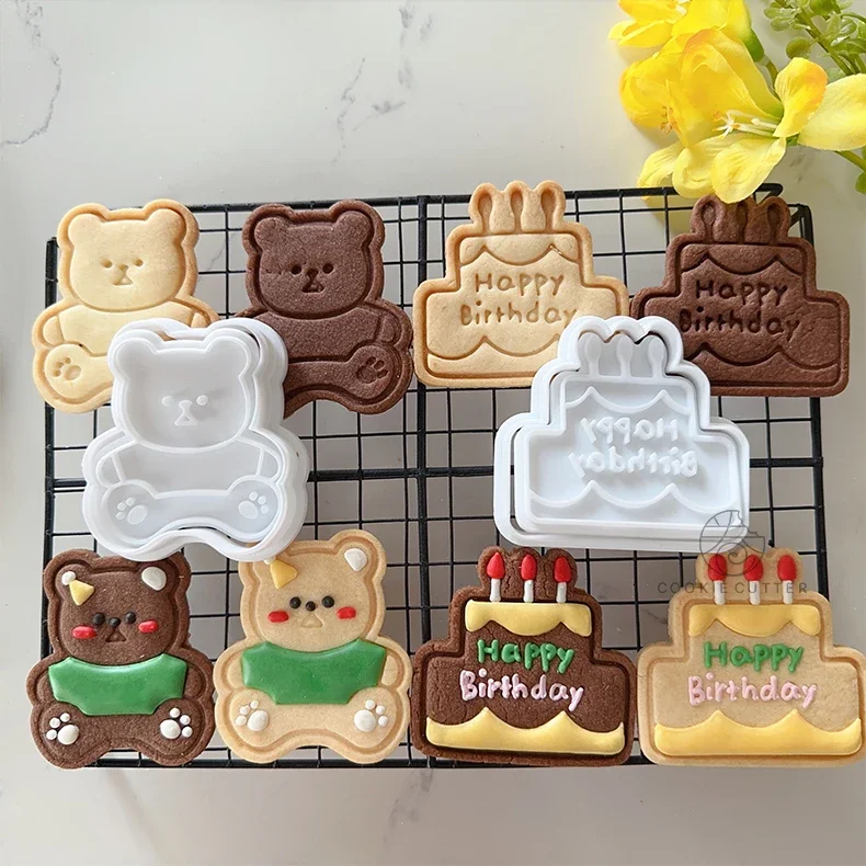 Cortadores de galletas con forma de pastel, molde de sellos para cumpleaños de bebé, molde para galletas de oso bonito, molde para galletas glaseado, molde para pastel de Fondant, herramientas para hornear