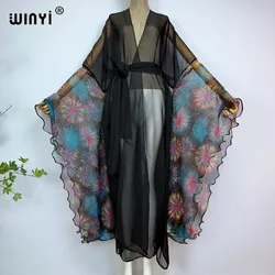 WINYI letni modny nadruk damski płaszcz długa sukienka elegancka impreza Boho maxi plaża futerał do pływania seksowna perspektywa moda kimono