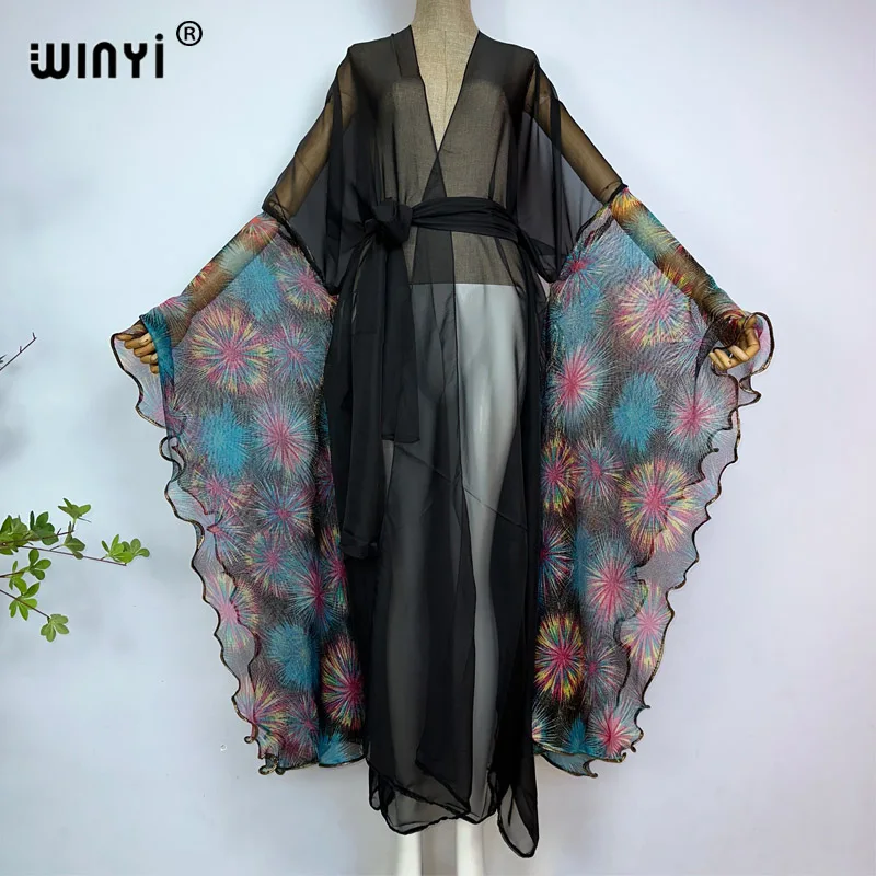 WINYI summer fashion print Women coat Long Dress elegant Party Boho maxi beach Swimming Cover Up Sexy perspective fashion kimono