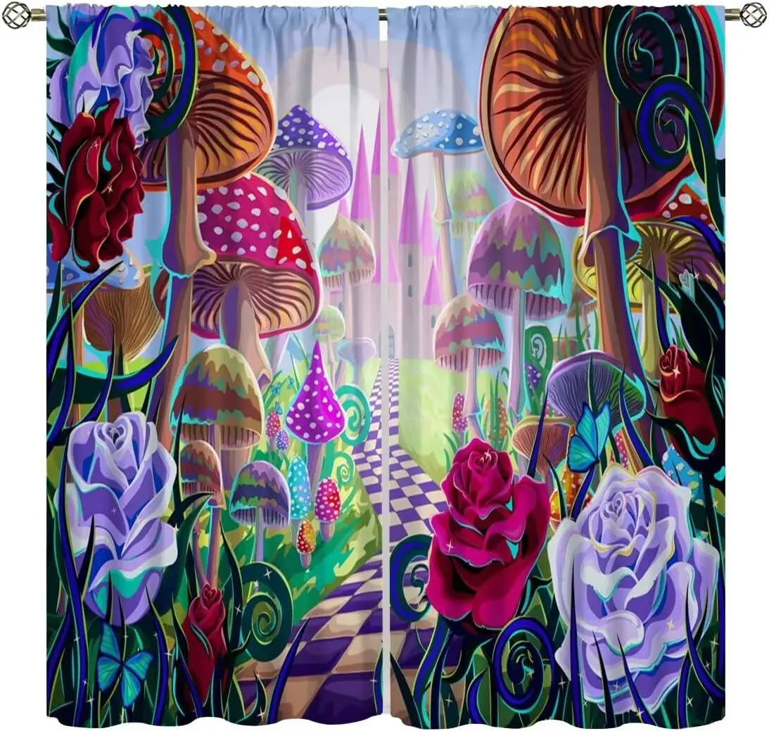 Whimsical Psychedelic Mushroom Garden Curtains Vibrant Artistic Forest Scene Bohemian Home Decor Window Drapes