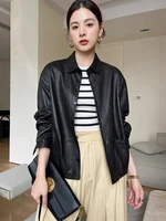 Chaqueta de cuero auténtico negro clásico a la moda de otoño de piel de oveja auténtica de primavera para mujer abrigo de cuero auténtico holgado de gran tamaño
