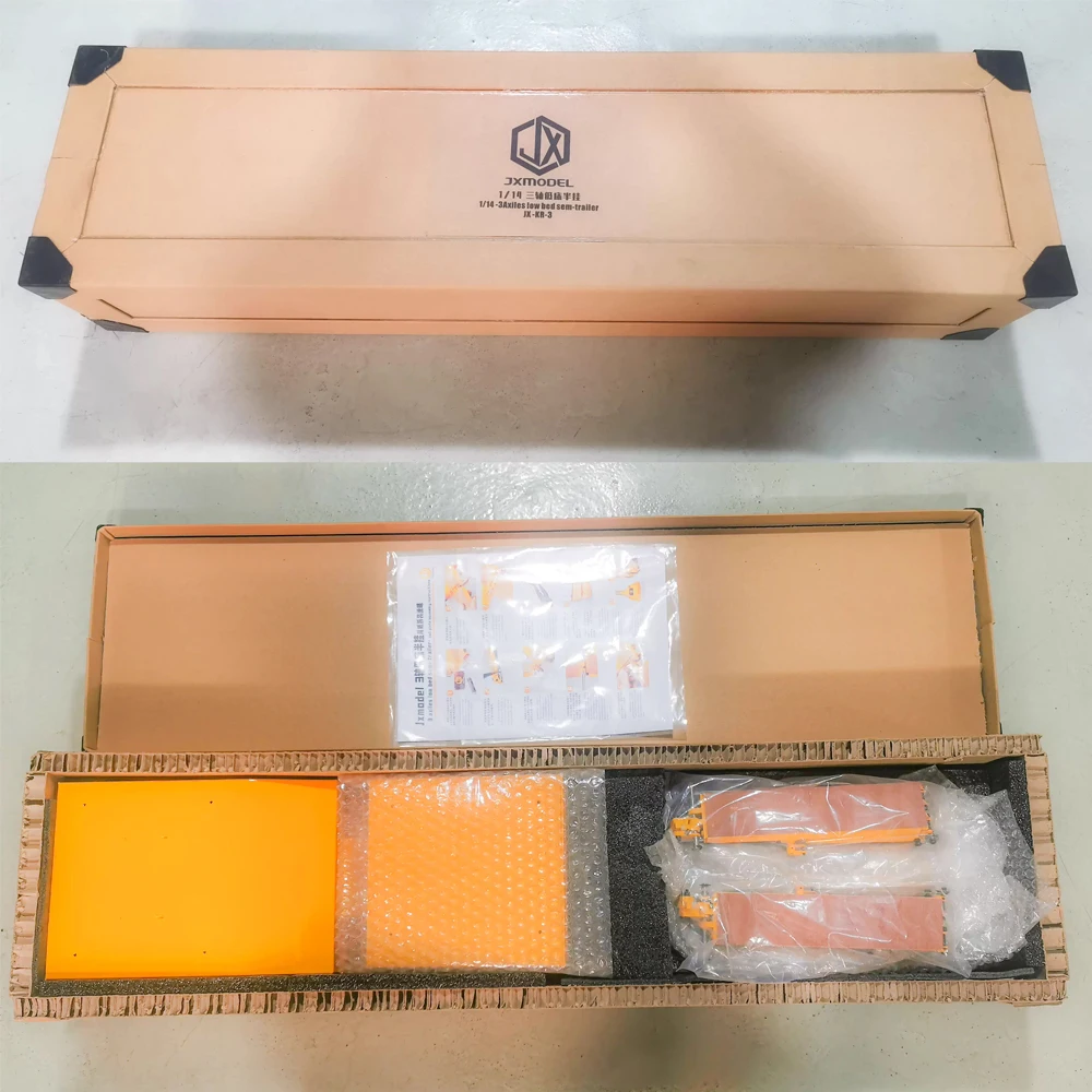 JX Model Metal 3-Axle Low Bed Tailboard Semi-Trailer Wood Panel Decorative Cylinder for Tamiya 1/14 RC Tractor Truck Model Toy