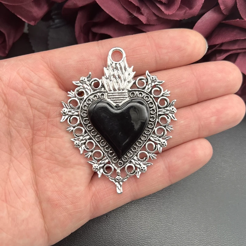1pcs 67*54mm Large Boho Filigree Heart Matt Charms Pendants for DIY Necklace Jewelry Making Accessories Enameled Sacred Heart