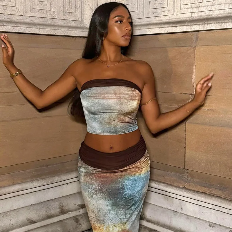 

DriftWear Summer Dresses For Women Sexy Strapless Long Dress Y2k Sleeveless 2pcs Bodycon Hot Clubwear Long Wrapped Hip Dresses