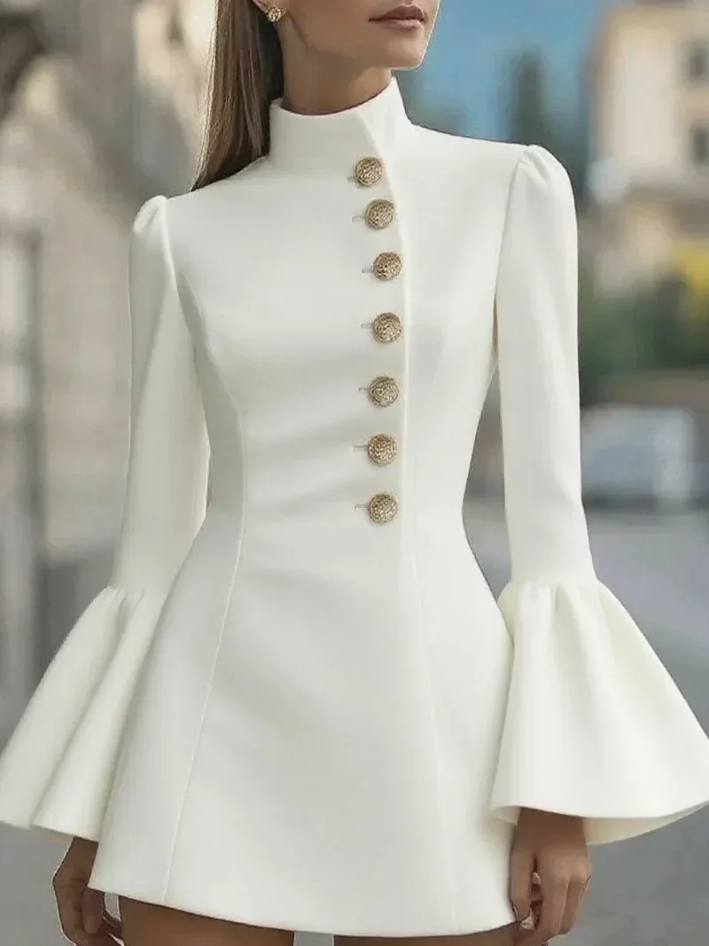 Women High Neck A Line Mini Dress Long Flare Sleeve Gold Decor Button Elegant Party Dress