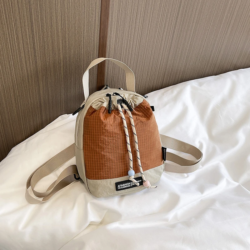 Korean Casual Color Block Drawstring Backpack Mini Lightweight Bucket Rucksack Portable Handbag Travel Sports Small Daypack