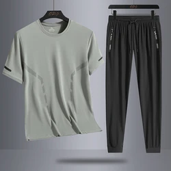 Men's quick drying short sleeved T-shirt sports set summer round neck top ice silk quick drying pants two-piece fashionable new