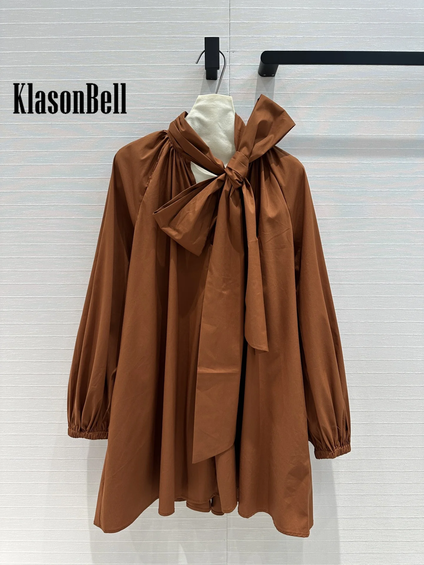 8.23 KlasonBell Women Clothes Fashion Ruched Ribbon Bow Shirt Dress Puff Sleeve Elastic Cuff Loose Commuter A-Line Mini Dress