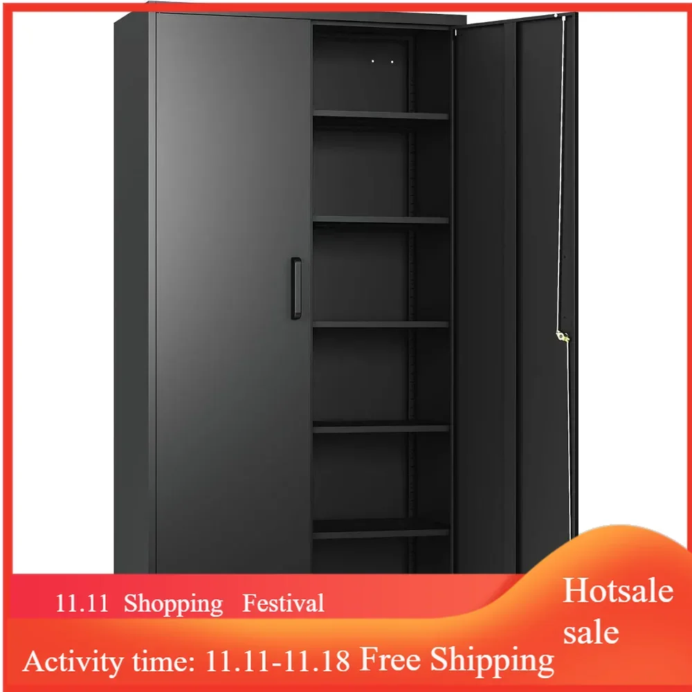 Metal Storage Cabinet with 2 Doors and 6 Shelves,Black Metal Cabinet with Lock,Locking Storage Cabinet,Steel Cabinet for Home