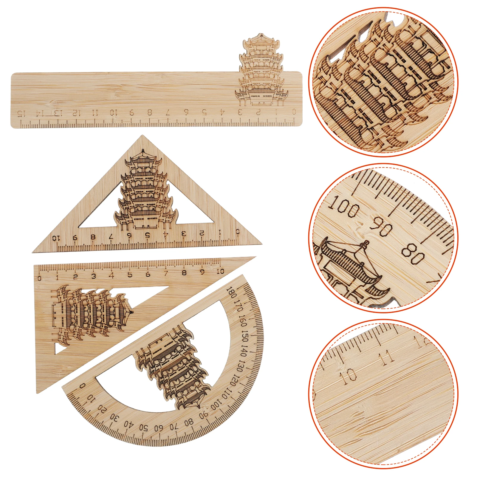 4pcs Bamboo Rulers Chinese Yellow Crane Tower Style Smooth Lightweight Measuring Tools For School Office Geometry Drawing