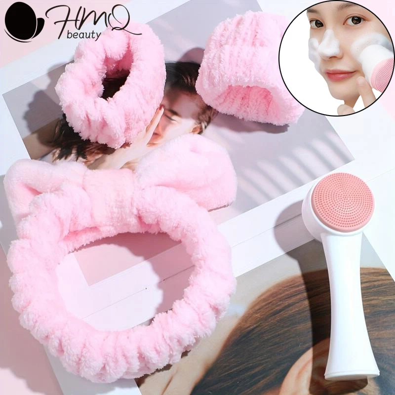 

Facial Cleansing Brush Set with Headband Wristband Exfoliating Hydrotherapy Beauty Tool for Blackhead Removal Deep Cleaning Tool