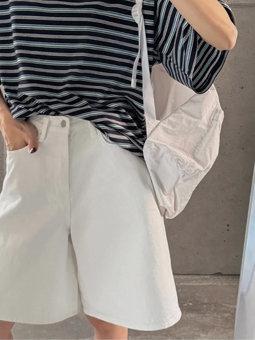 

Faionable White Wide Leg Jeans Women's Five-Quarter High Waist Slimming Straight Cut Trousers Trendy Summer Casual Pants