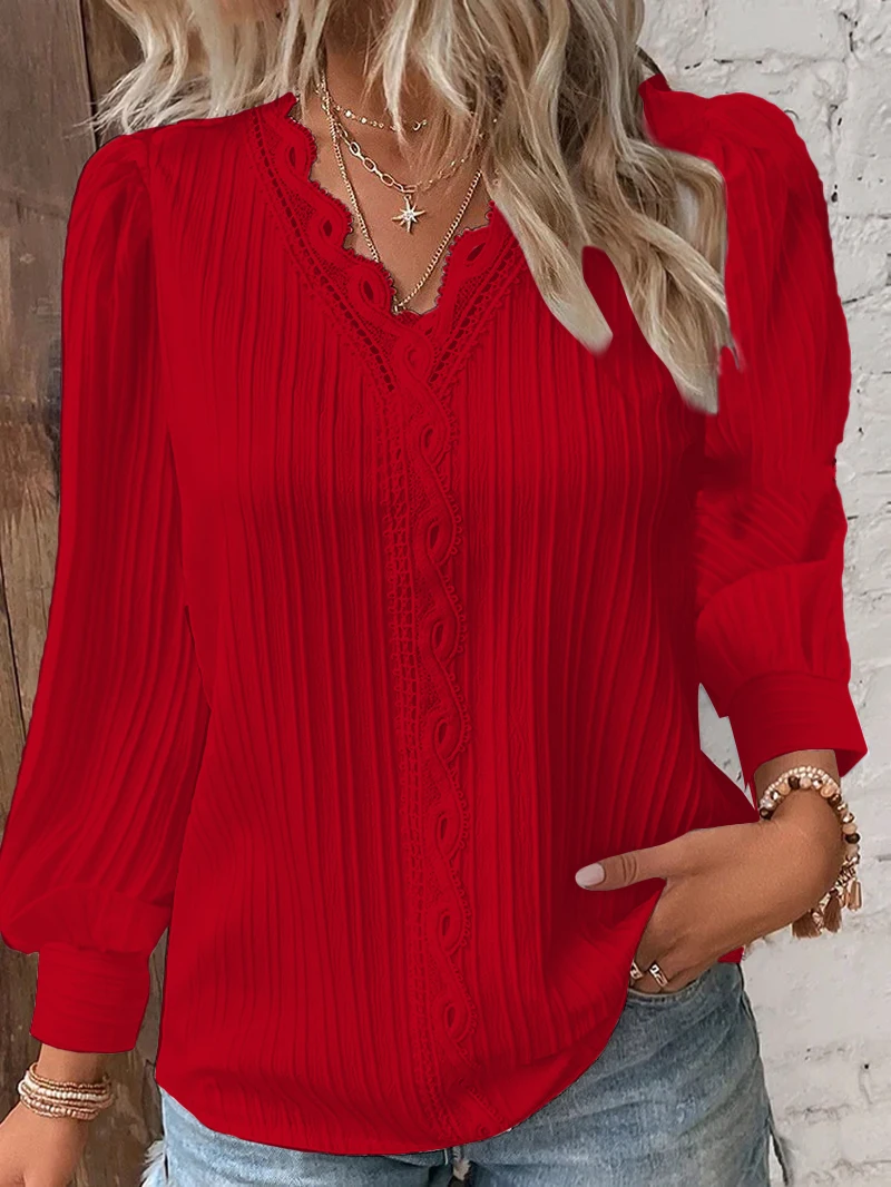 Elegante Sommer hohle Spitze Patchwork Frauen Shirt schicke Bluse V-Ausschnitt Langarmhemd schlichte Spitze lässig grundlegende reguläre Tops