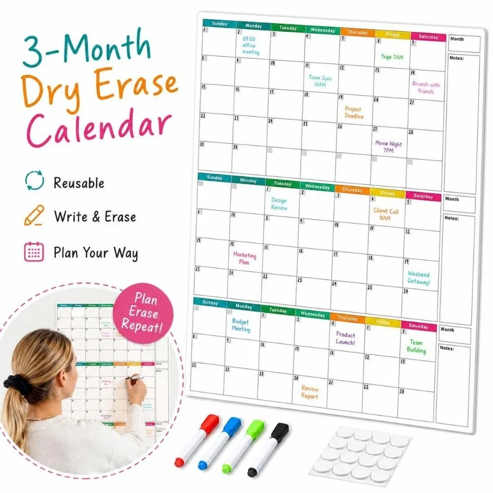 Dry Erase Wall Calendar Large Size At One Glance 3 Months Calendar One Page Design Laminated Surface Schedule Planning Table