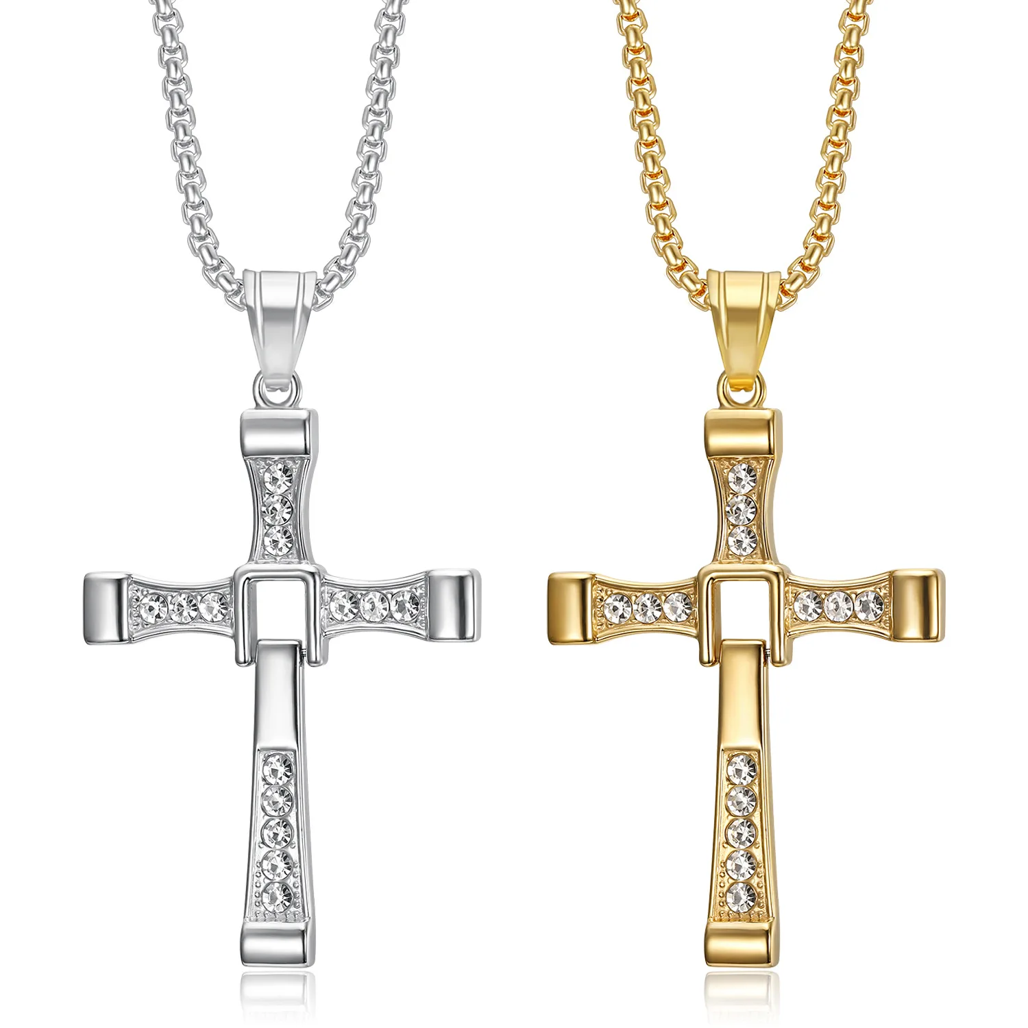 18K Gold Plated Cross Pendant Necklace Zircon Stainless Steel Religious Jewelry for Men Gift Christians ​Fast & Furious​