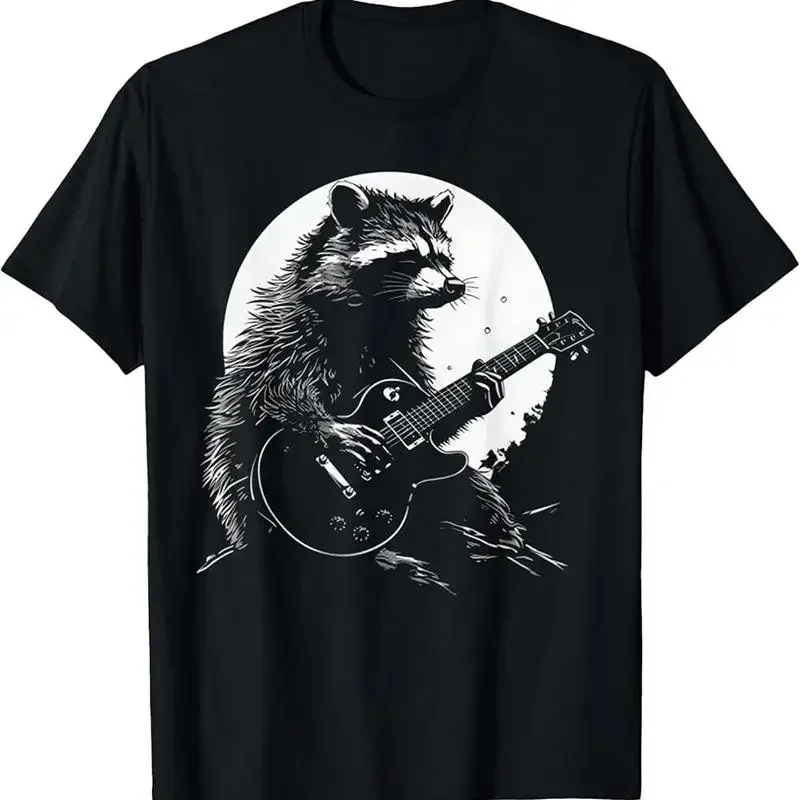 Racoon Playing Guitar With Moon Funny Raccoon Meme Guitarist T Shirt