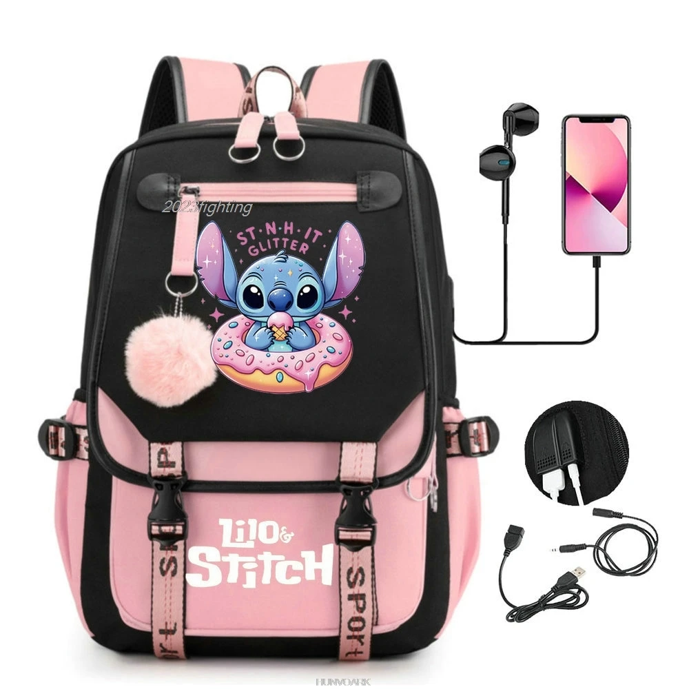 

Lilo & Stitch Backpacks USB Cartoon Patchwork Printed Boys Girls Laptop School Bag Students Teens Women Mochila Escolar Niña