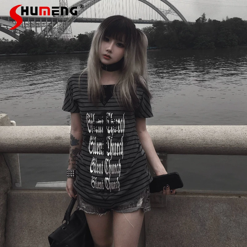 

2026 Summer New Striped T-shirt Women's Clothing Japanese Punk Style Crew Neck Short Sleeves Pullover Y2k Clothes Top Tshirts